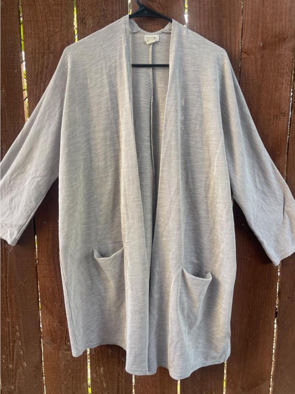 Donni One Size Strip Grey Pocket Open Lagenlook Lounge Cottage Casual Cardigan